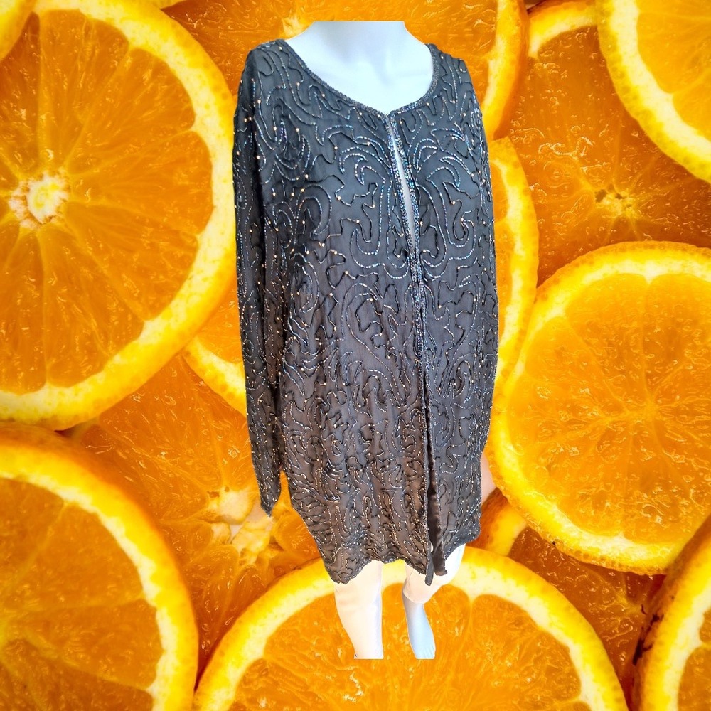Sweet Sue Beaded Sequin Black Silk Cardigan Jacket Evening Party Top M